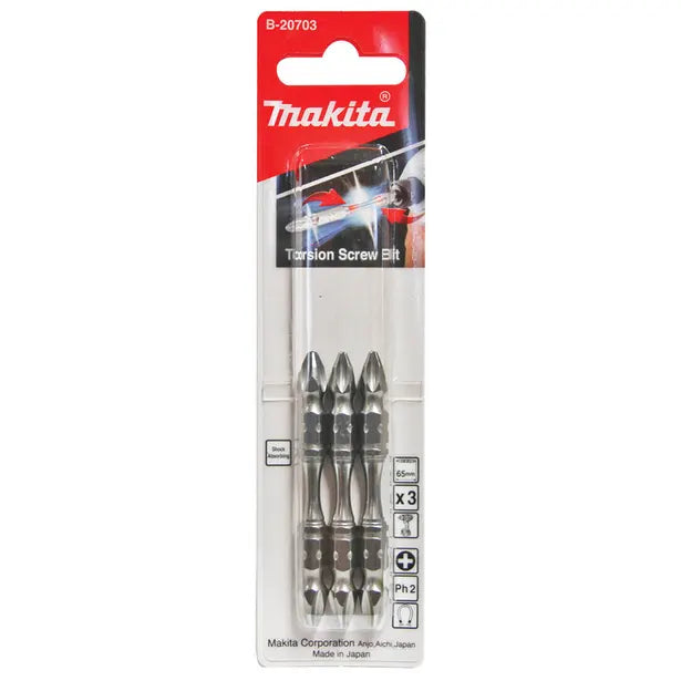 MAKITA PH2 X 65MM DOUBLE ENDED TORSION BIT - 3 PIECE B20703